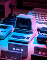 A retro computer surrounded by other retro technology